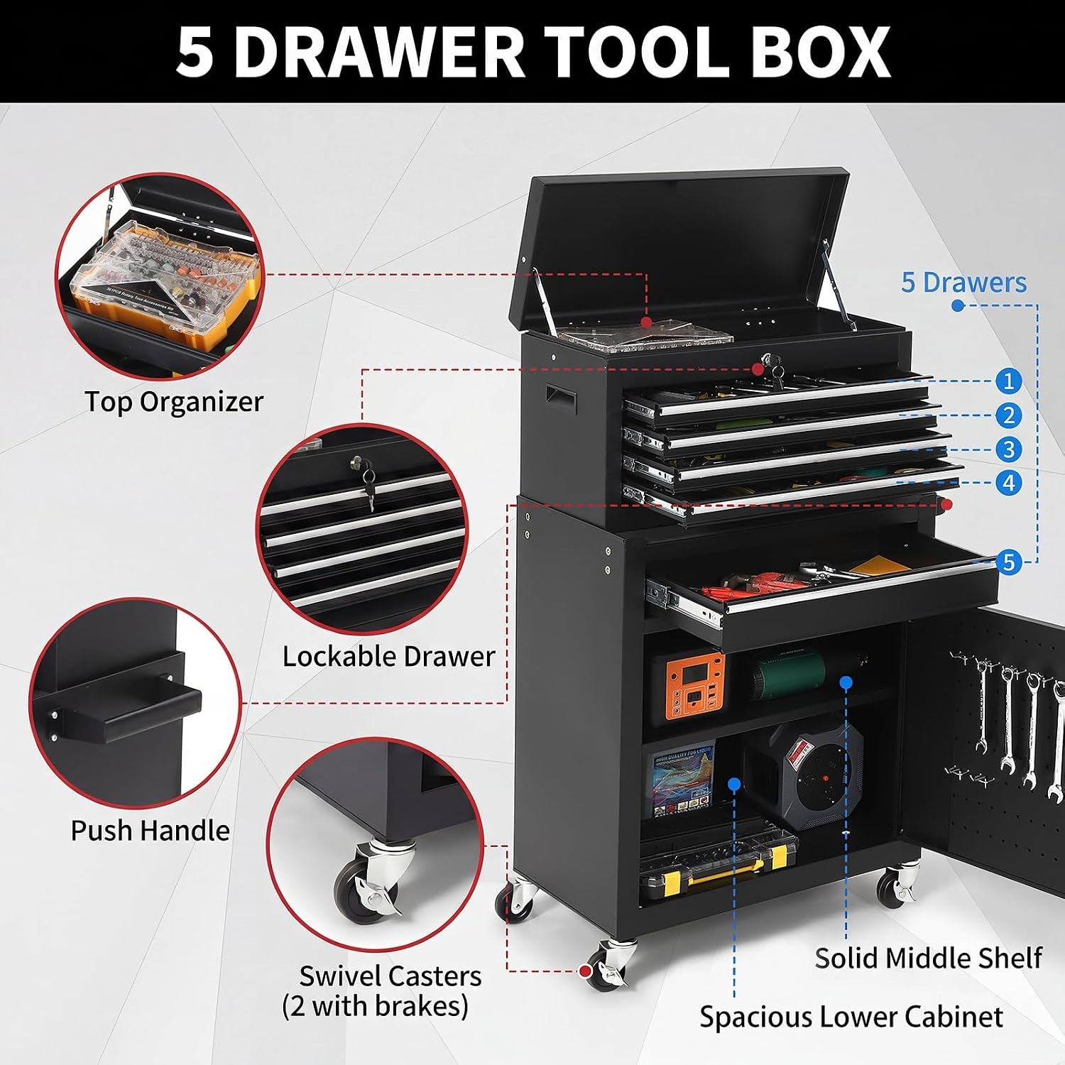 5 Drawer Rolling Tool Cabinet  - огляд і ціна Tools Box For Workshop